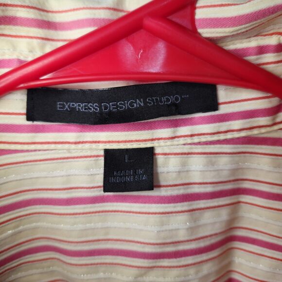 Express Design Studio Pink Tan Sparkle Stripe Dress Shirt Roll Tab Sleeves L - Picture 7 of 11